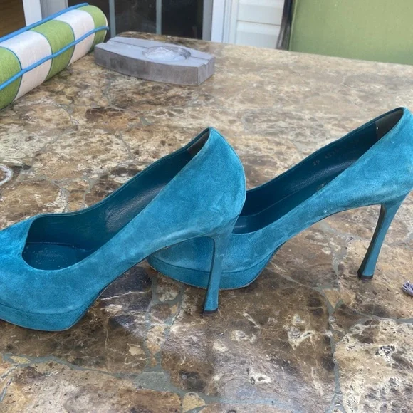 YSL Paris Teal Suede Peep Toe Platform Stilettos Sz 40 USA 9-9,5